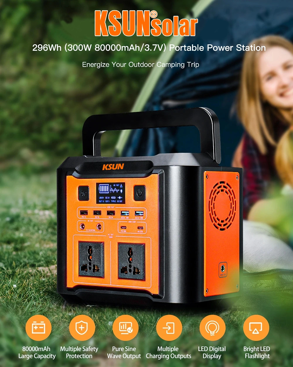 KST300 296Wh Portable Power Station 110V/220V 300W (Peak 500W) with Flashlight for Emergency built-in80000mAh Lithium Battery For Outdoor Travel Hunting Camping