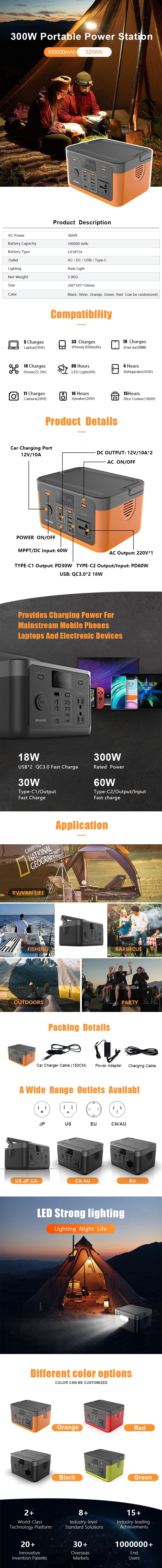 Portable Power Station LiFePO4 Battery 2*AC Outlet 110V/300W Solar Generators